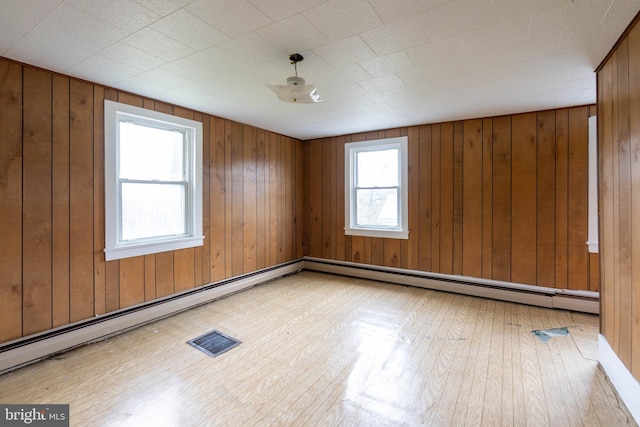 unfurnished room featuring light wood-style flooring, wood walls, and a baseboard radiator