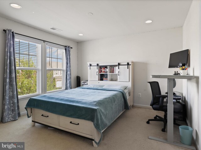 carpeted bedroom with baseboards, visible vents, and recessed lighting