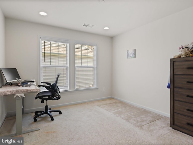 carpeted office featuring baseboards, visible vents, and recessed lighting