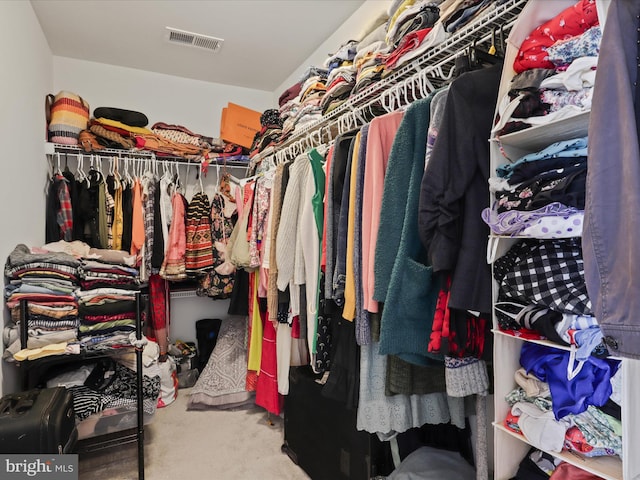 walk in closet featuring visible vents and carpet