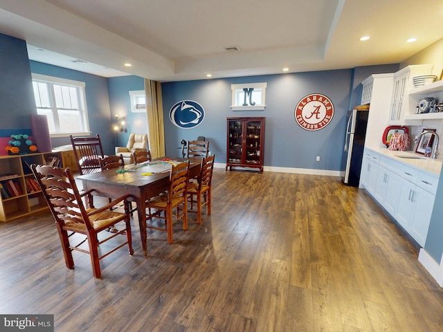 219 Pepper Ridge Dr, Spring Mills, PA 16875 - dining space with visible vents, a raised ceiling, baseboards, recessed lighting, and dark wood-type flooring