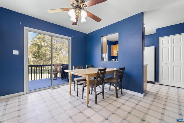 dining room with visible vents, baseboards, and ceiling fan