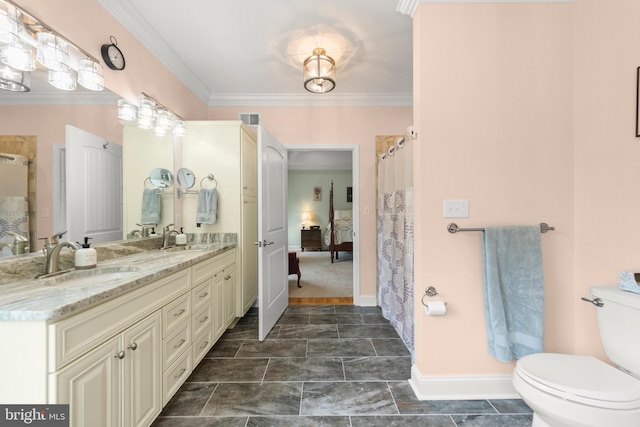 full bathroom featuring baseboards, crown molding, toilet, double vanity, and a shower with shower curtain