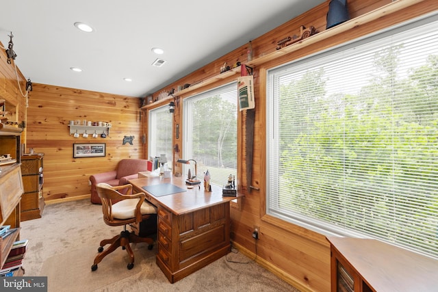 home office featuring wooden walls, light carpet, recessed lighting, and baseboards