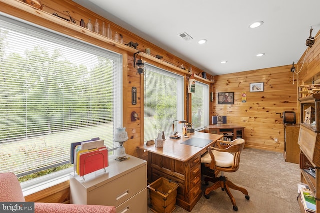 home office with wooden walls, recessed lighting, and carpet flooring