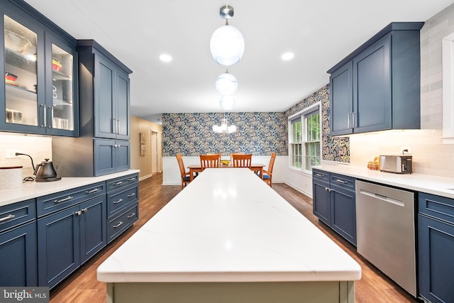 33 Fern Ct, Front Royal, VA 22630 - kitchen with dishwasher, wallpapered walls, light wood-style flooring, a kitchen island, and recessed lighting