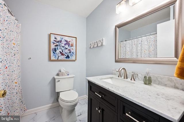 33 Fern Ct, Front Royal, VA 22630 - bathroom with marble look tiles, baseboards, vanity, and toilet