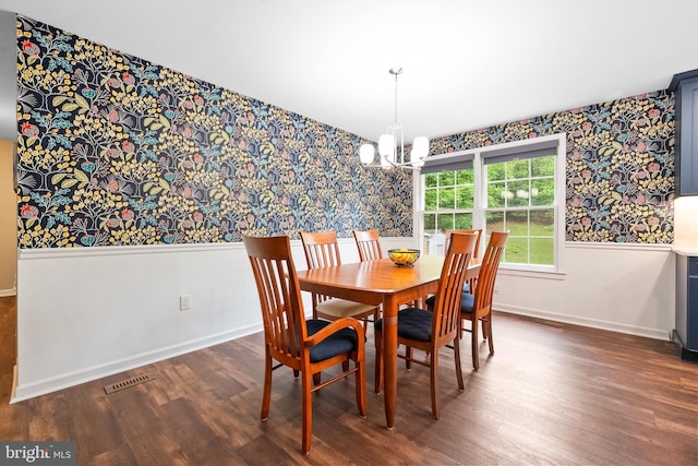 33 Fern Ct, Front Royal, VA 22630 - dining space featuring wallpapered walls, baseboards, a chandelier, and wood finished floors