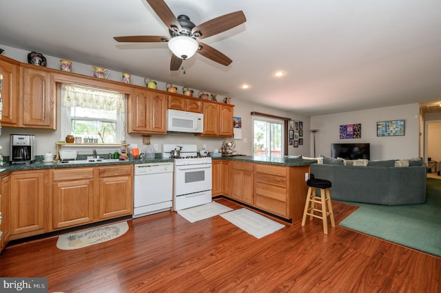 206 Iriquois, Browns Mills, NJ 08015 - kitchen with dark countertops, white appliances, dark wood finished floors, open floor plan, and a healthy amount of sunlight