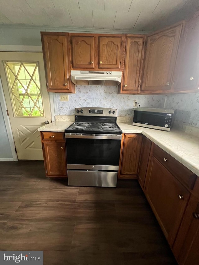 451 Main St, Ashland, PA 17921 - kitchen featuring under cabinet range hood, appliances with stainless steel finishes, dark wood-style floors, and light countertops