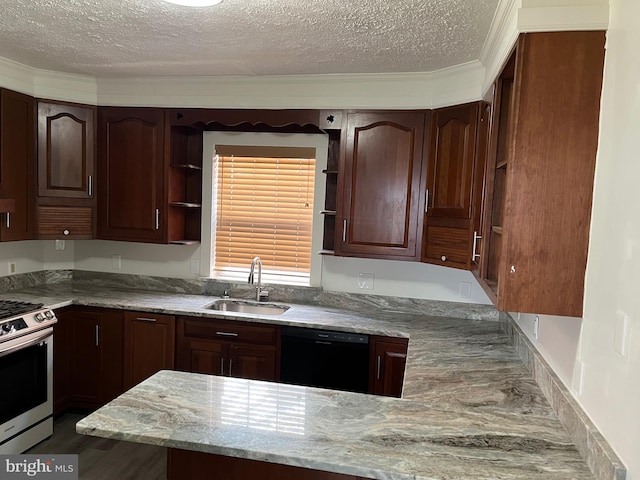 854 View St, Hagerstown, MD 21742 - kitchen with a sink, dishwasher, gas range, open shelves, and a textured ceiling
