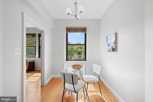 4007 Connecticut Ave NW Unit 302, Washington, DC 20008 - dining room featuring radiator heating unit, baseboards, an inviting chandelier, and light wood-style floors