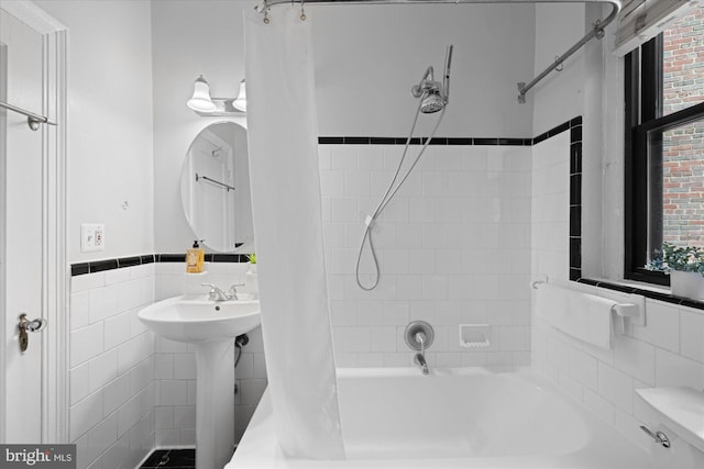 4007 Connecticut Ave NW Unit 302, Washington, DC 20008 - bathroom featuring wainscoting, shower / bath combination with curtain, and tile walls