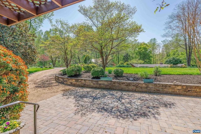surrounding community with a pergola and a patio area