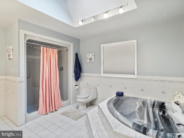 11416 Kline Dr NW, Cumberland, MD 21502 - bathroom with a stall shower, toilet, a jetted tub, tile patterned floors, and rail lighting