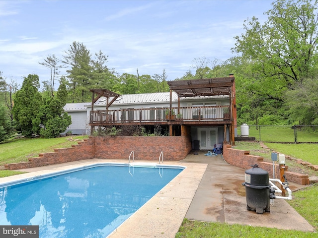 11416 Kline Dr NW, Cumberland, MD 21502 - swimming pool featuring a wooden deck, french doors, a patio area, and view of scattered trees