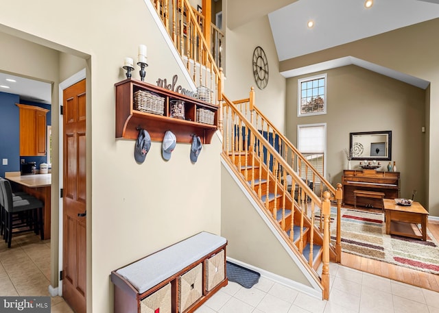 137 E Holly, Haddon Township, NJ 08107 - stairs featuring a high ceiling, recessed lighting, tile patterned flooring, and baseboards