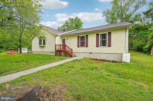 single story home with crawl space and a front yard