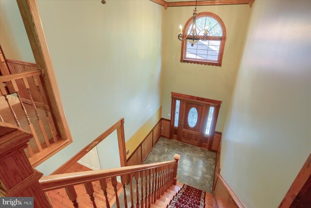 7395 Jonestown Rd, Harrisburg, PA 17112 - foyer with a towering ceiling, stairs, and a notable chandelier