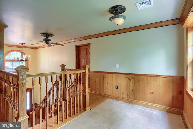 7395 Jonestown Rd, Harrisburg, PA 17112 - corridor with visible vents, wainscoting, an upstairs landing, an inviting chandelier, and ornamental molding