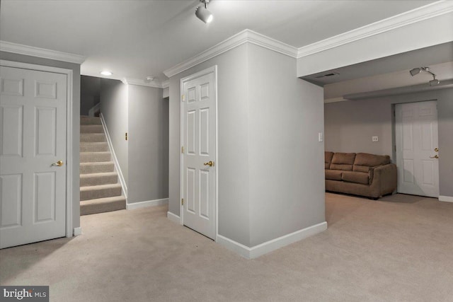 12401 Trotter Ter, Upper Marlboro, MD 20774 - finished basement featuring carpet floors, crown molding, baseboards, stairs, and rail lighting