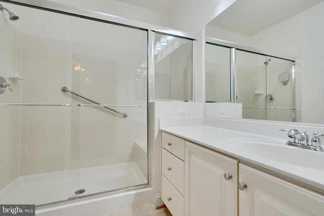 bathroom featuring vanity and a stall shower