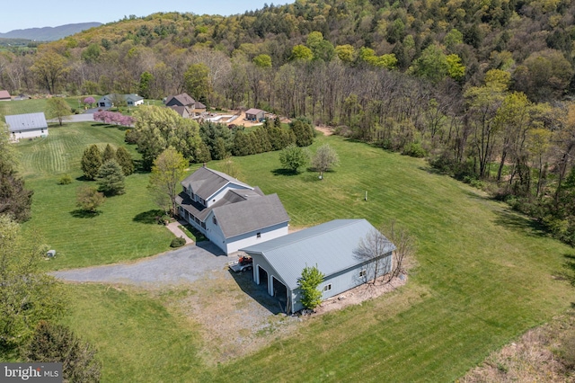 bird's eye view with a wooded view