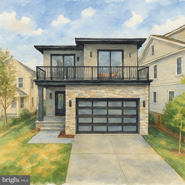 2600 3rd St N, Arlington, VA 22201 - contemporary house featuring a garage, stone siding, stucco siding, and a balcony