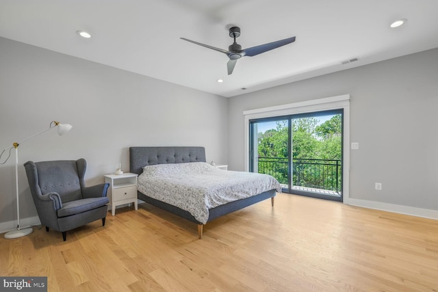 2600 3rd St N, Arlington, VA 22201 - bedroom featuring ceiling fan, visible vents, baseboards, access to outside, and light wood-style flooring