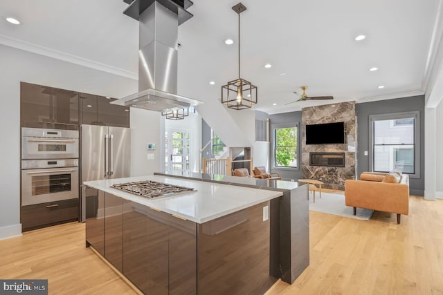 2600 3rd St N, Arlington, VA 22201 - kitchen featuring ornamental molding, modern cabinets, ceiling fan, a large fireplace, and appliances with stainless steel finishes