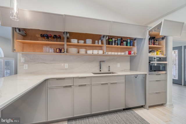 1222 Brian Ln, Hanover, PA 17331 - kitchen with open shelves, a sink, stainless steel appliances, backsplash, and gray cabinetry