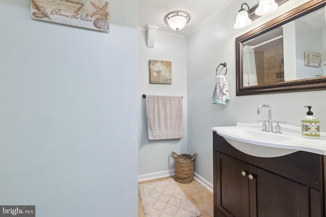 12328 Woodlawn Ct, Woodbridge, VA 22192 - bathroom featuring vanity, curtained shower, tile patterned flooring, ornamental molding, and baseboards