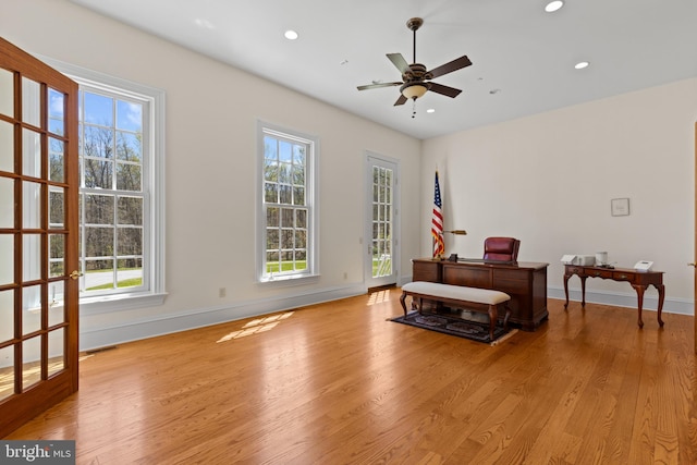 14815 Dover Rd, Reisterstown, MD 21136 - living area featuring light wood-style floors, visible vents, baseboards, recessed lighting, and a ceiling fan