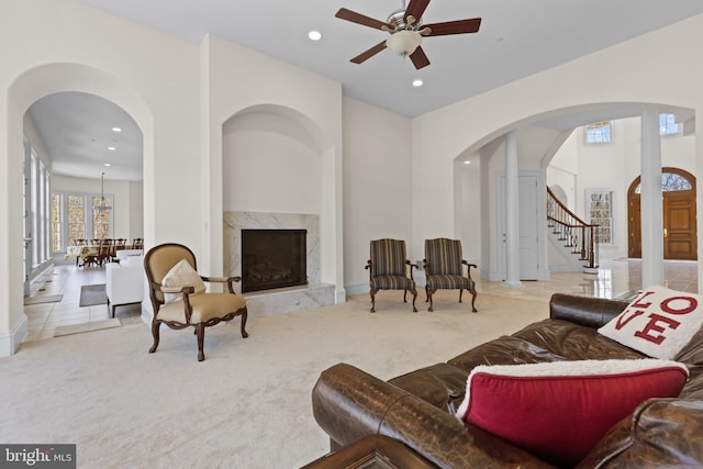 14815 Dover Rd, Reisterstown, MD 21136 - living area featuring a premium fireplace, recessed lighting, ceiling fan, and carpet floors