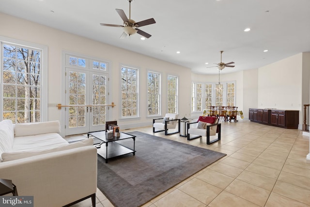 14815 Dover Rd, Reisterstown, MD 21136 - living room featuring light tile patterned floors, recessed lighting, and ceiling fan