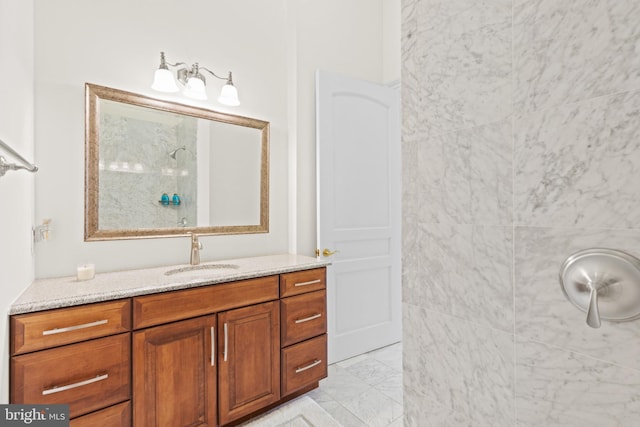 14815 Dover Rd, Reisterstown, MD 21136 - full bathroom featuring marble finish floor, a tile shower, and vanity
