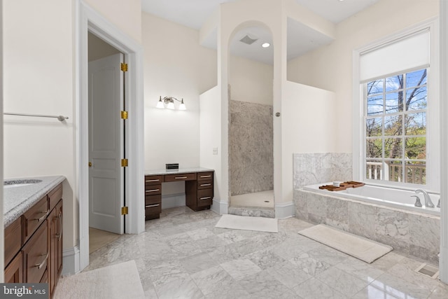 14815 Dover Rd, Reisterstown, MD 21136 - bathroom with walk in shower, a garden tub, marble finish floor, and vanity
