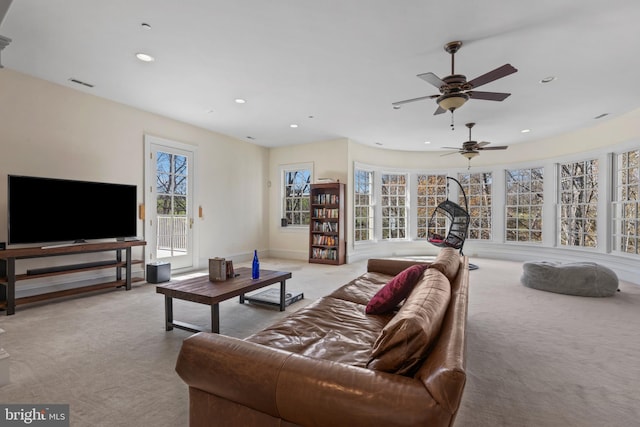 14815 Dover Rd, Reisterstown, MD 21136 - carpeted living room with visible vents, recessed lighting, and a ceiling fan