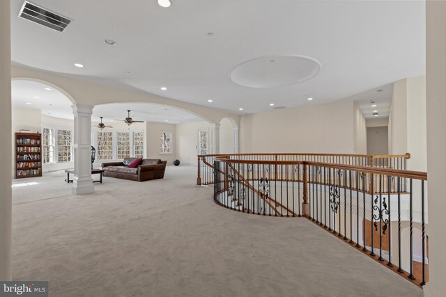14815 Dover Rd, Reisterstown, MD 21136 - interior space featuring recessed lighting, arched walkways, decorative columns, carpet flooring, and visible vents