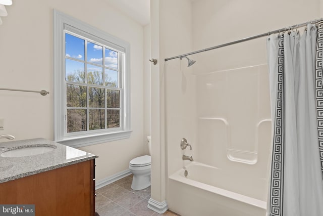 14815 Dover Rd, Reisterstown, MD 21136 - bathroom featuring tile patterned flooring, shower / bath combo, toilet, vanity, and baseboards