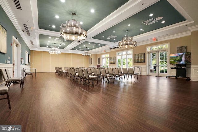 20620 Hope Spring Ter Unit 206, Ashburn, VA 20147 - dining room with a decorative wall, a chandelier, crown molding, wood finished floors, and coffered ceiling