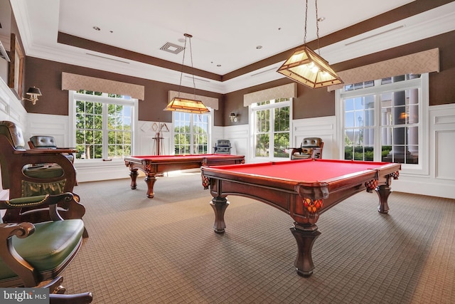 20620 Hope Spring Ter Unit 206, Ashburn, VA 20147 - rec room featuring a decorative wall, billiards table, carpet, a wainscoted wall, and plenty of natural light
