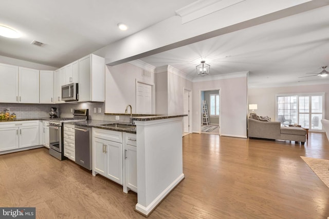 20620 Hope Spring Ter Unit 206, Ashburn, VA 20147 - kitchen with appliances with stainless steel finishes, open floor plan, a sink, a peninsula, and white cabinetry