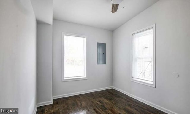 empty room with baseboards, dark wood-style floors, a wealth of natural light, and electric panel