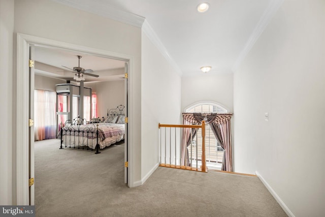 carpeted bedroom featuring baseboards, ornamental molding, ceiling fan, and recessed lighting