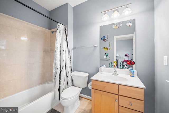 full bathroom with tile patterned flooring, toilet, shower / tub combo, and vanity
