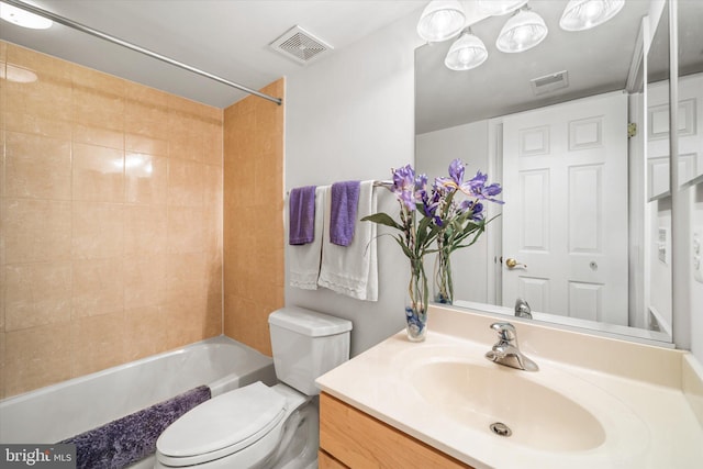 full bath with toilet,  shower combination, visible vents, and vanity