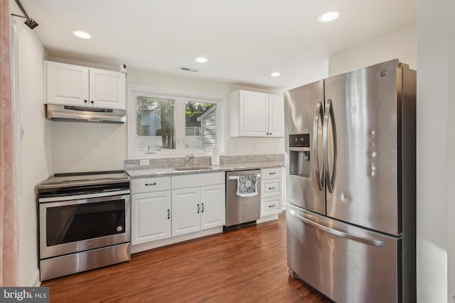 kitchen featuring white cabinets, a sink, stainless steel appliances, under cabinet range hood, and visible vents