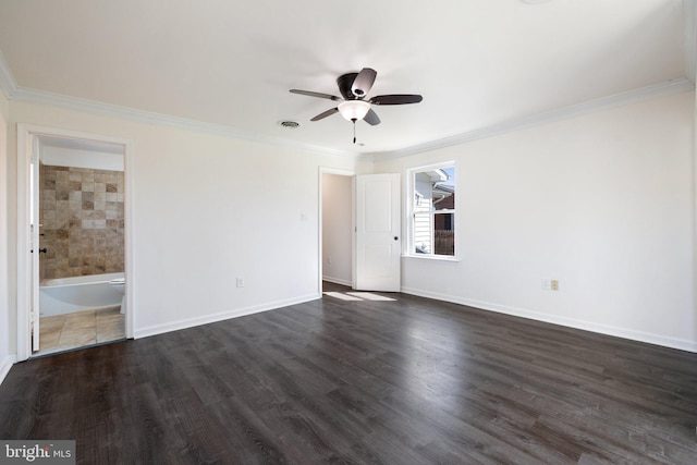interior space with visible vents, ornamental molding, ceiling fan, and dark wood-style flooring