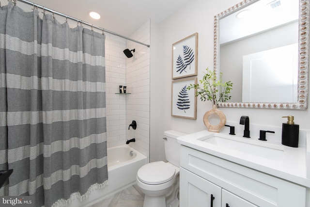 full bath with recessed lighting, shower / bathtub combination with curtain, toilet, vanity, and visible vents
